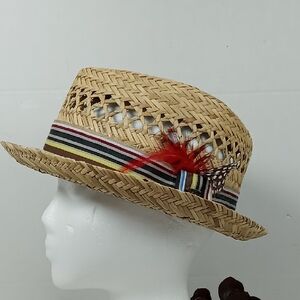 Peter Grimm Straw Pork Pie Hat w/Multi Color Crossgrain Band & Feather Accents